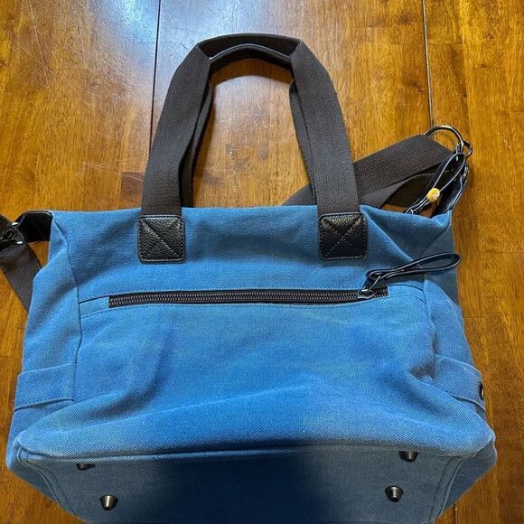 TaoMaoMao Blue Canvas Shoulder Bag Tote Brown Straps Trim Work Travel Bag 15x12” - Picture 5 of 11